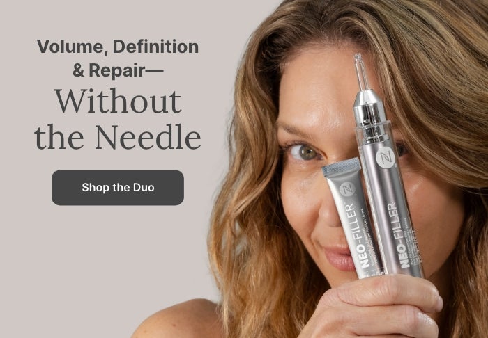 Volume, Definition & Repair—Without the Needle. Shop the Duo. Featured is a woman holding the Neo-FILLER Face & Lip Contour Duo in front of her face.